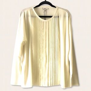 NWT H Halston Chalk Crepe and Cotton Ivory Long Sleeve Blouse Size Large